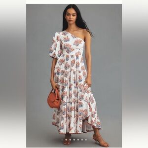 Priya Israni puff one-shoulder belted maxi dress